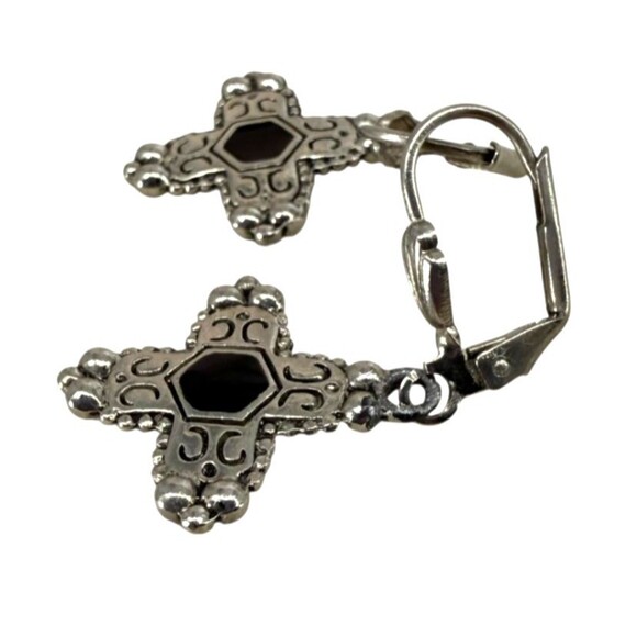 Inca Chakana Cross Earrings Silver Tone Black Onyx Inlay Dangle Boho NO MARKINGS - Picture 9 of 15